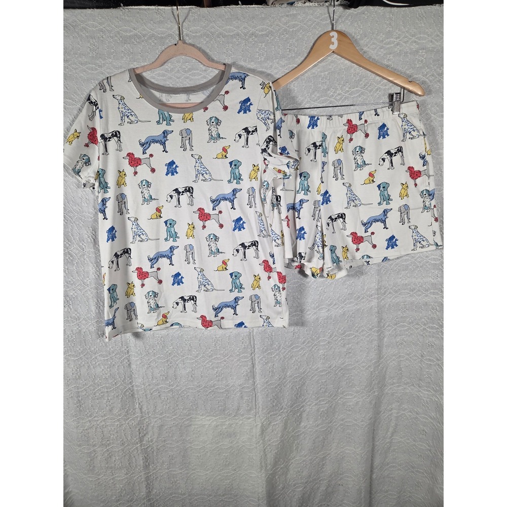 The Company Store Organic‎ Cotton Dog Print Pajama Set Shorts Tee White Large